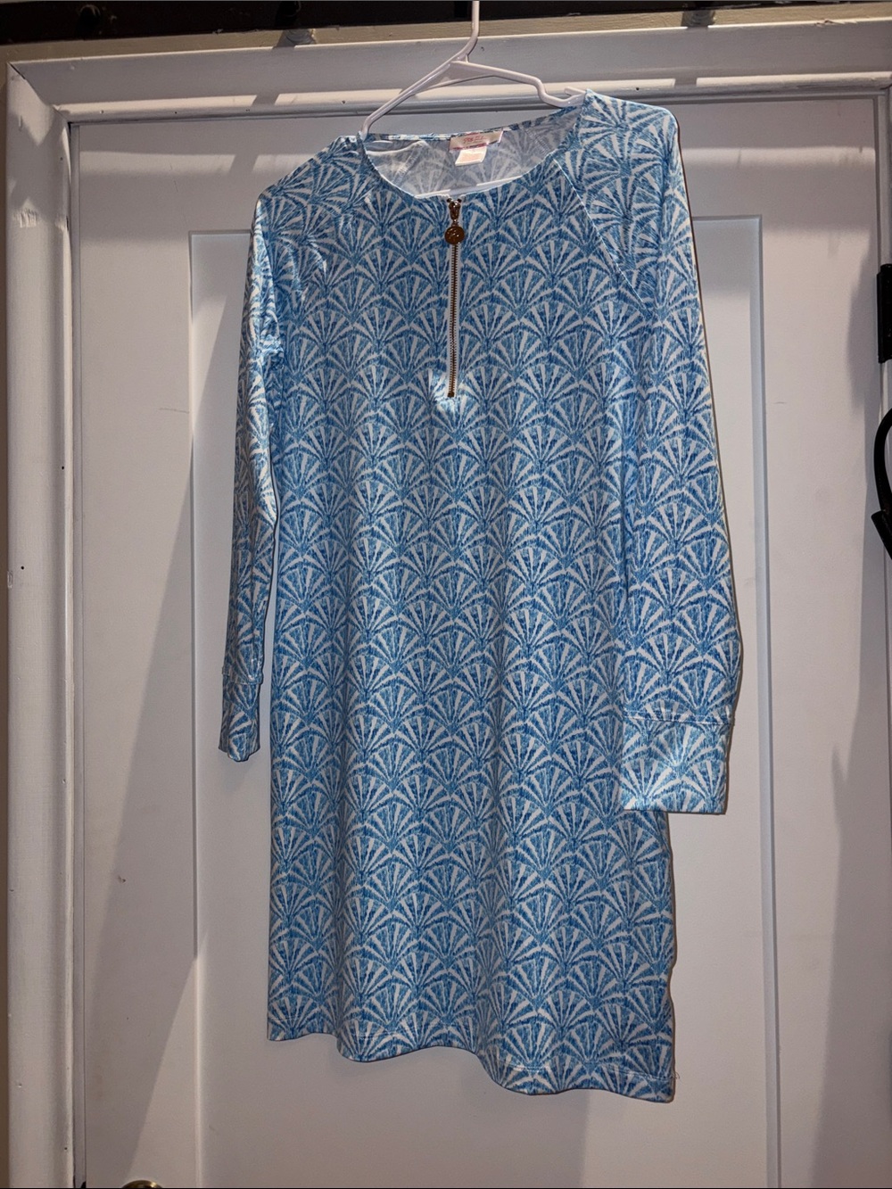 Stella Parker Sky Blue Long-Sleeve Printed Dress with Front Zip Accent